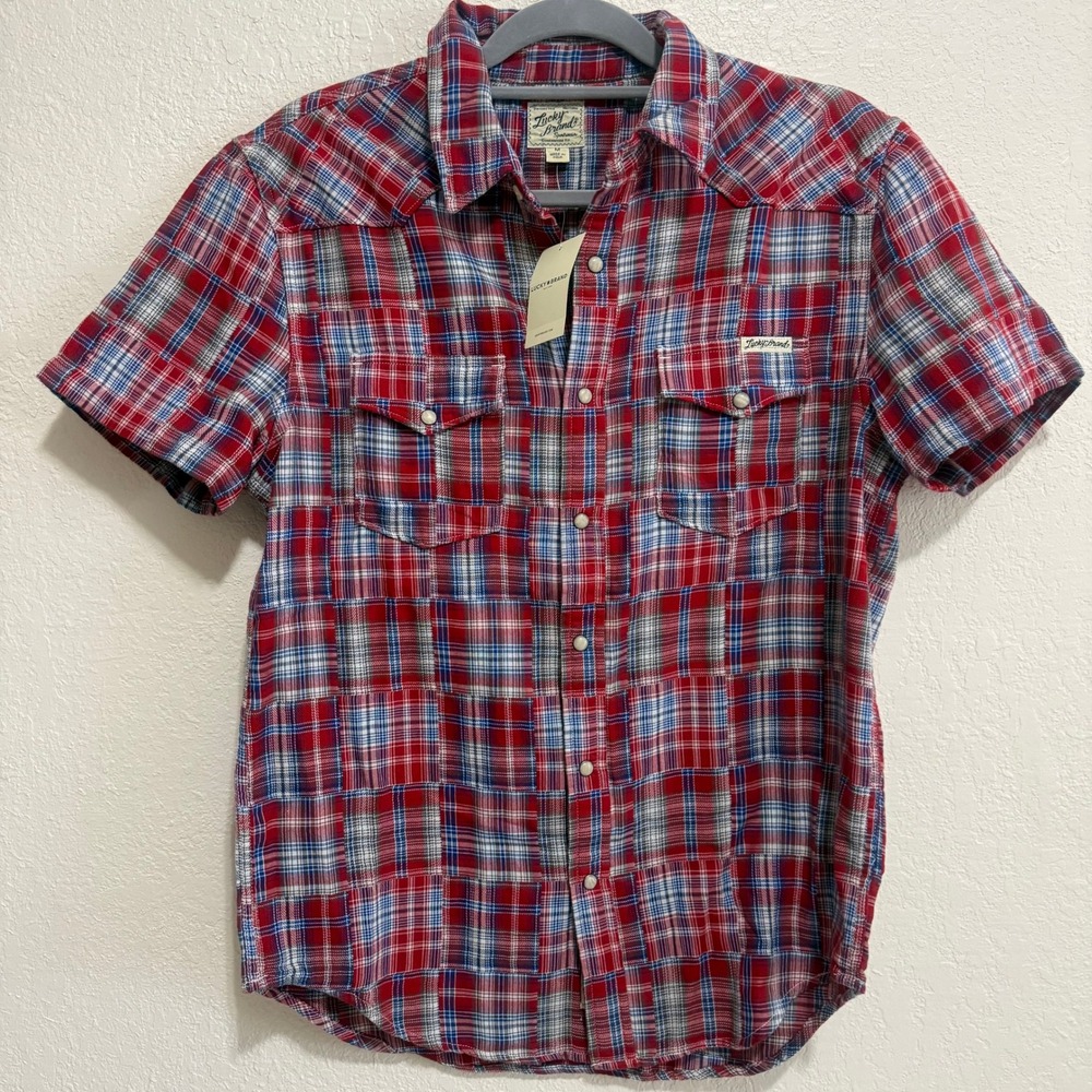 Lucky‎ Brand Mens Plaid Short Sleeve Button Up Shirt Western Style Red Blue Med.
